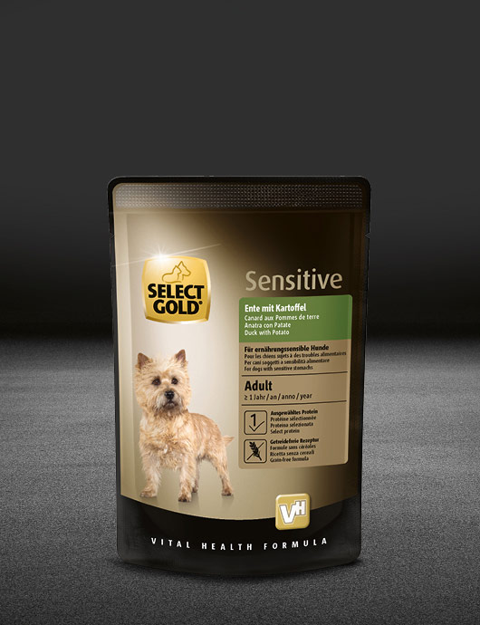 select gold sensitive adult mit ente und kartoffel pouch nass 530x890px