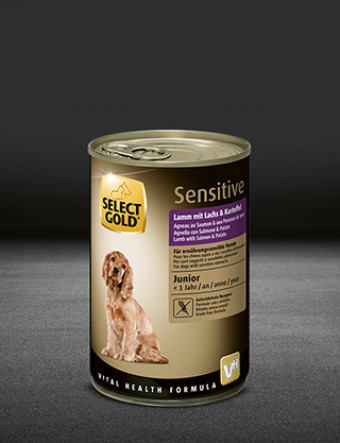 select gold sensitive junior lamm mit lachs und kartoffel dose nass 320x417px