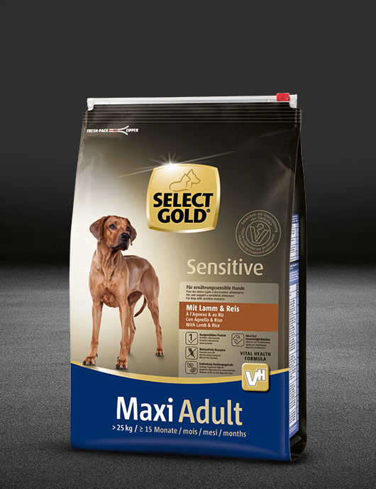 select gold sensitive maxi adult lamm und reis beutel trocken 530x890px