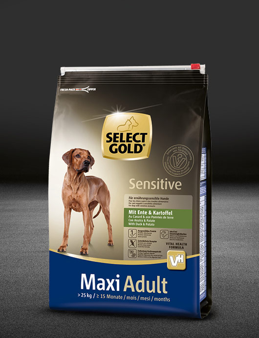 select gold sensitive maxi adult mit ente und kartoffel beutel trocken 530x890px