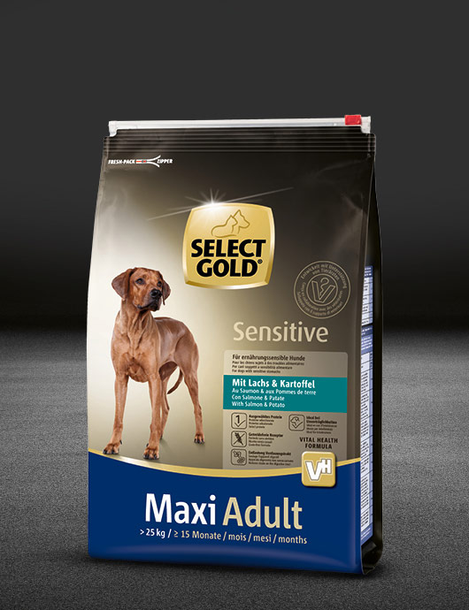 select gold sensitive maxi adult mit lachs und kartoffel beutel trocken 530x890px