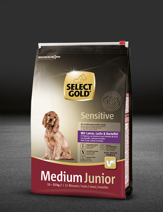 select gold sensitive medium junior mit lamm%2C lachs und kartoffel beutel trocken 530x890px