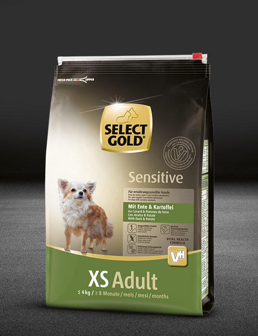 select gold sensitive xs adult mit ente und kartoffel beutel trocken 530x890px