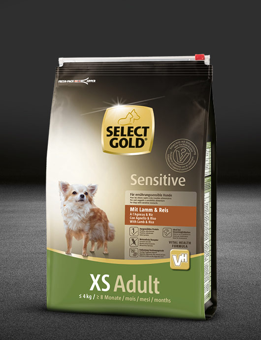 select gold sensitive xs adult mit lamm und reis beutel trocken 530x890px