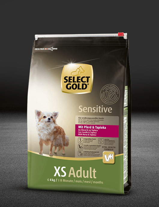 select gold sensitive xs adult mit pferd und tapioka beutel trocken 530x890px