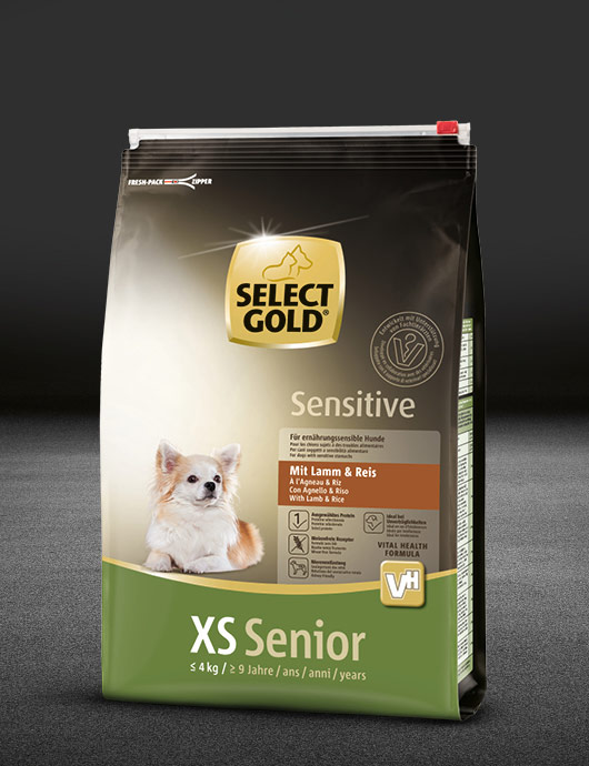 select gold sensitive xs senior mit lamm und reis beutel trocken 530x890px